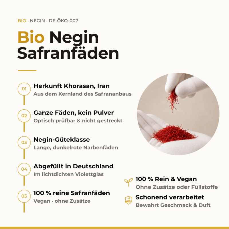 Infografik Bio Negin Safranfäden mit 5 Eigenschaften: Herkunft Khorasan Iran, ganze Fäden, Negin-Güteklasse, in Deutschland abgefüllt, 100% reine Safranfäden