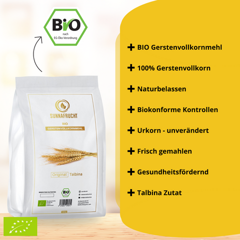 3x Bio Gerstenvollkornmehl von Sunnafrucht | 3kg (3x 1kg) | Bio Talbina Zutat | Aus echtem Urkorn | Naturrein & Vollkorn | Frisch gemahlen & handabgefüllt