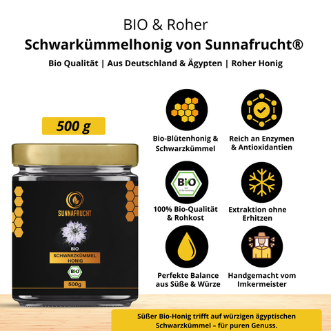 Bio Schwarzkümmelhonig von Sunnafrucht® | 500g | Roher deutscher echter Bio Blütenhonig | Mit Bio-Schwarzkümmel aus Ägypten | Würzig-Süßer Geschmack | Kalt verarbeitet & naturbelassen | Deutsche Imkermeister Qualität