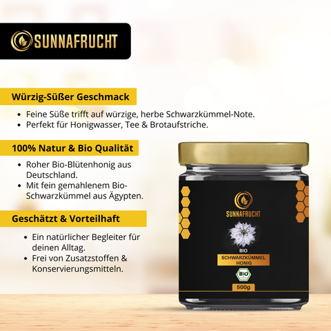 Bio Schwarzkümmelhonig von Sunnafrucht® | 500g | Roher deutscher echter Bio Blütenhonig | Mit Bio-Schwarzkümmel aus Ägypten | Würzig-Süßer Geschmack | Kalt verarbeitet & naturbelassen | Deutsche Imkermeister Qualität