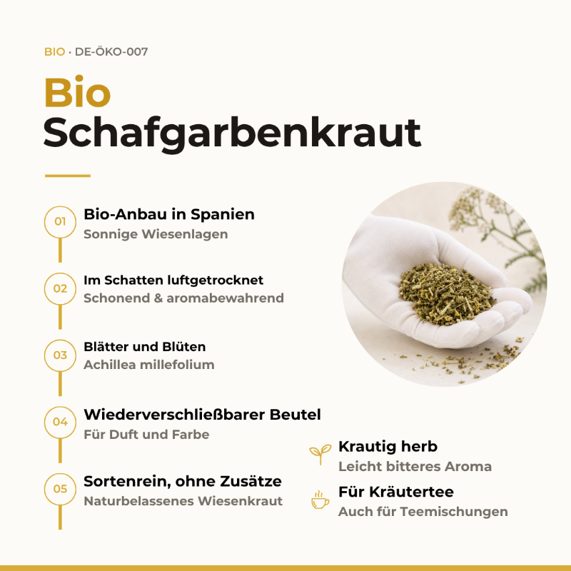 Vorteile Bio Schafgarbenkraut: Bio-Anbau in Spanien, im Schatten luftgetrocknet, Blätter und Blüten, ohne Zusätze