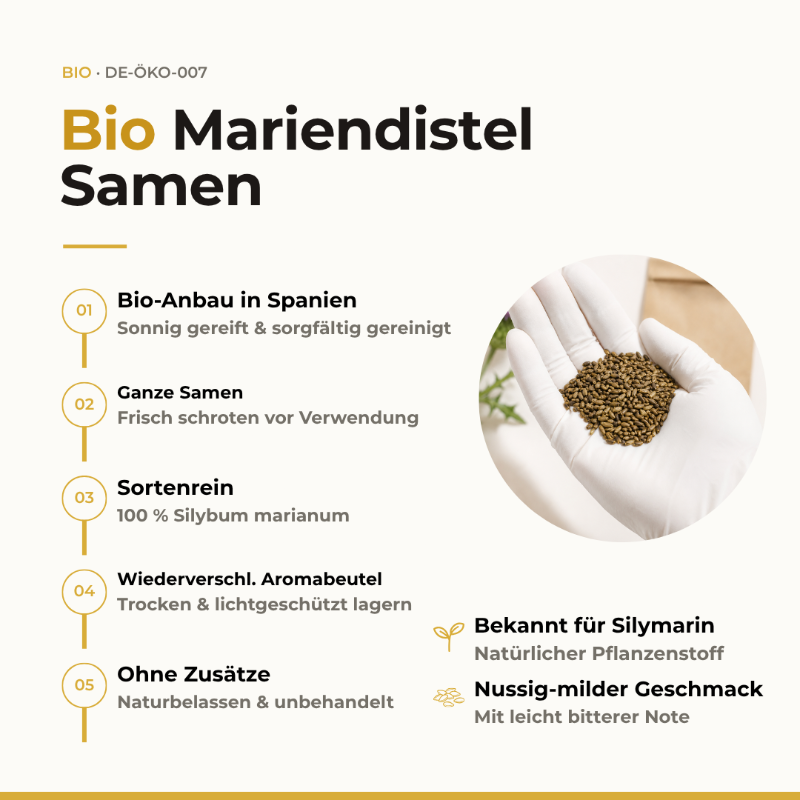 Vorteile Bio Mariendistel Samen: Bio-Anbau in Spanien, ganze Samen, sortenrein, ohne Zusätze, im Aromabeutel