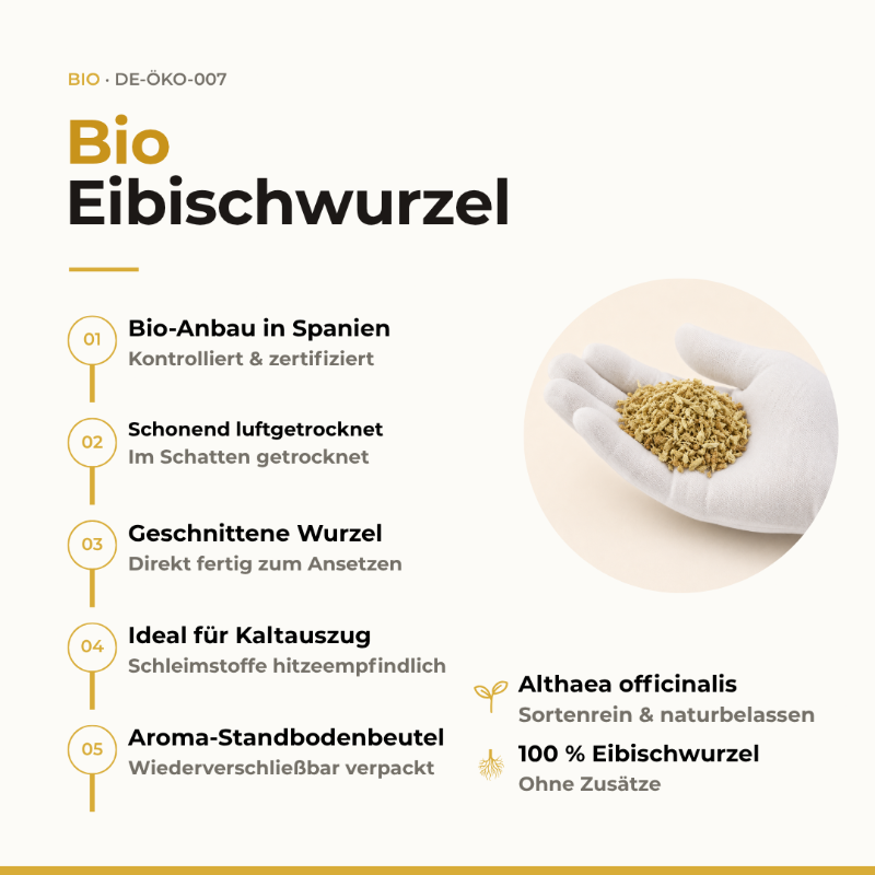 Vorteile Bio Eibischwurzel: Bio-Anbau in Spanien, luftgetrocknet, geschnitten, ideal für den Kaltauszug