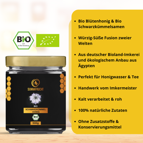 Bio Schwarzkümmelhonig von Sunnafrucht® | 500g | Roher deutscher echter Bio Blütenhonig | Mit Bio-Schwarzkümmel aus Ägypten | Würzig-Süßer Geschmack | Kalt verarbeitet & naturbelassen | Deutsche Imkermeister Qualität