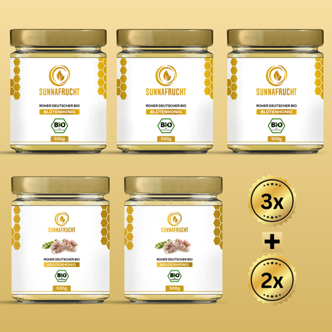 Bio 5er Honig Bundle: 2x Bio Akazienhonig von Sunnafrucht® + 3x Bio Blütenhonig von Sunnafrucht®  | 5x 500g | Roher Honig | Naturschutzgebiet in Bayern | Ideal für Tee & Müsli | Imkermeister-Qualität