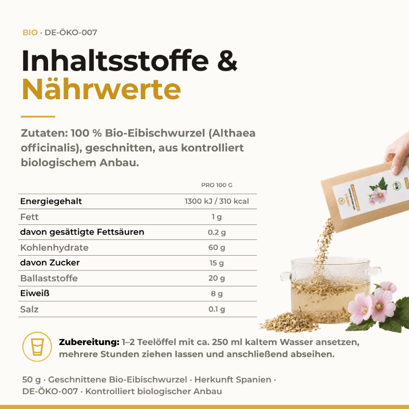 Inhaltsstoffe und Nährwerte Bio Eibischwurzel 50 g: Nährwerttabelle je 100 g und Zubereitung als Kaltauszug