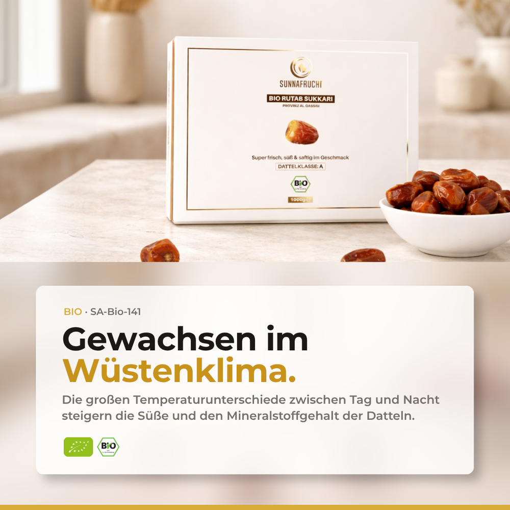 Qualitätsversprechen von Sunnafrucht für Bio Sukkari Datteln – zertifiziert und gekühlt geliefert