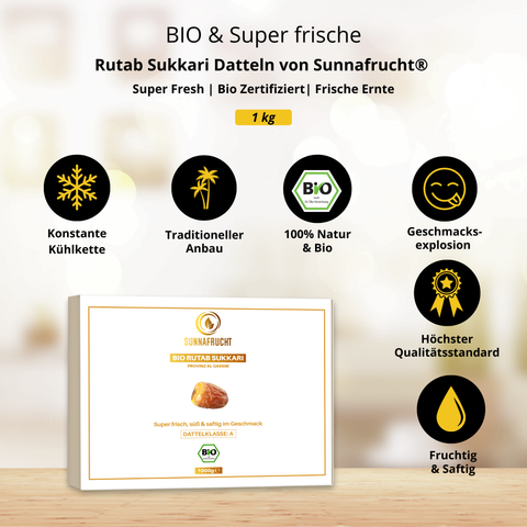 Bio Rutab Sukkari Datteln von Sunnafrucht® | 1kg | Premium Qualität | Super Frisch & Saftig | Angebaut in Al Qassim, Saudi-Arabien | Perfekt für Snacks & Desserts | Super Fresh