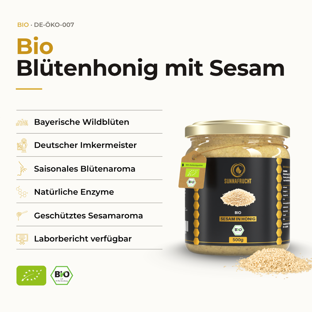 Glas Bio Blütenhonig mit Sesam mit goldenem Deckel und Holzlöffel