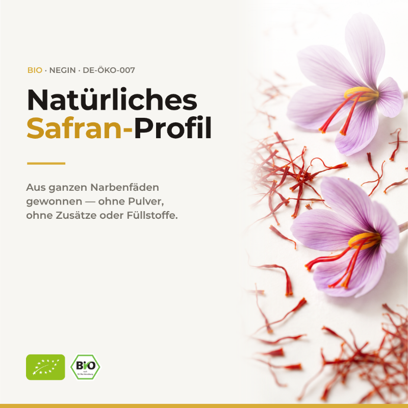 Infografik Bio Safran Negin Profil mit Crocus Blüten und Safranfäden, DE-Öko-007 zertifiziert, 100% reine Saffonstempel ohne Pulver oder Zusatzstoffe