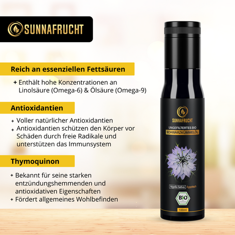 3x Bio Schwarzkümmelöl von Sunnafrucht® | 3x 100ml | Nativ | Kaltgepresst & Ungefiltert | Natives Schwarzkümmelöl | Reich Thymoquinon | Bio Nigella Sativa Samen aus Ägypten | MIRON Violettglas für optimale Frische