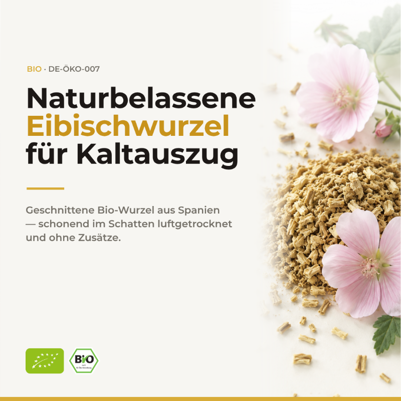 Naturbelassene Eibischwurzel für Kaltauszug: geschnittene Bio-Wurzel aus Spanien mit rosa Eibischblüten