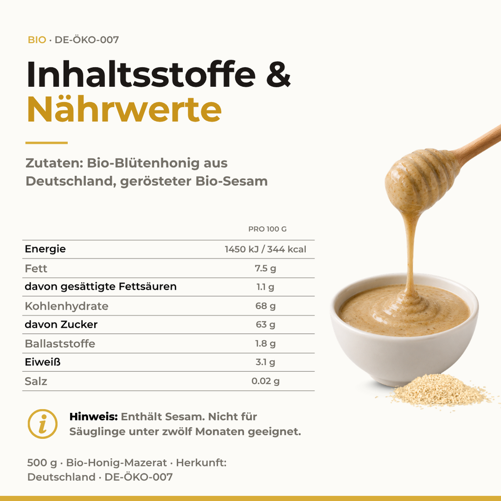 Bio Sesam in Bio-Blütenhonig, Produktglas mit Etikett