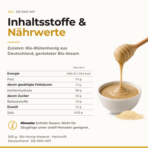 Bio Sesam in Bio-Blütenhonig, Produktglas mit Etikett