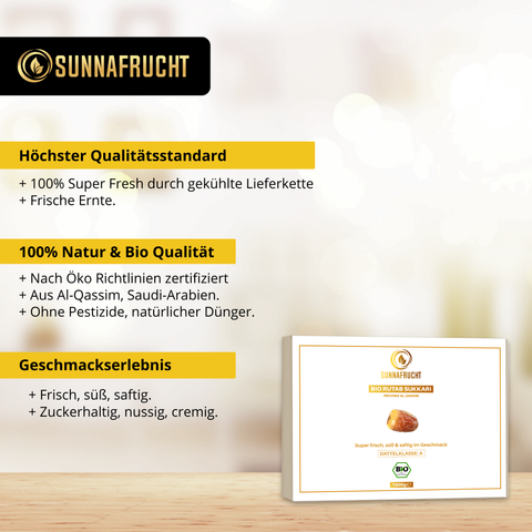 Bio Rutab Sukkari Datteln von Sunnafrucht® | 1kg | Premium Qualität | Super Frisch & Saftig | Angebaut in Al Qassim, Saudi-Arabien | Perfekt für Snacks & Desserts | Super Fresh