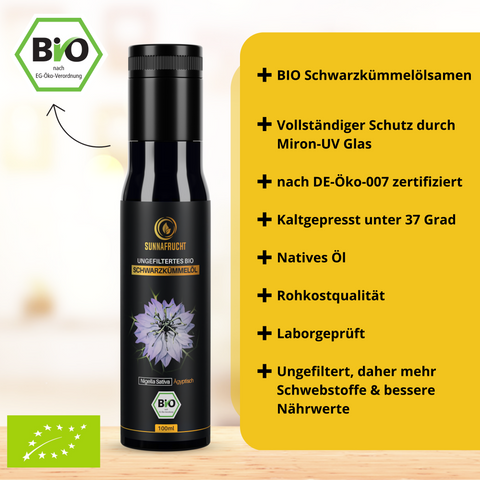 3x Bio Schwarzkümmelöl von Sunnafrucht® | 3x 100ml | Nativ | Kaltgepresst & Ungefiltert | Natives Schwarzkümmelöl | Reich Thymoquinon | Bio Nigella Sativa Samen aus Ägypten | MIRON Violettglas für optimale Frische