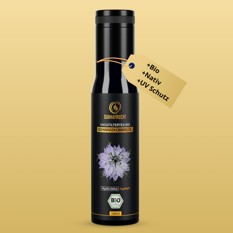 Bio Schwarzkümmelöl von Sunnafrucht® | 100ml | Nativ | Kaltgepresst & Ungefiltert | Natives Schwarzkümmelöl | Reich Thymoquinon | Bio Nigella Sativa Samen aus Ägypten | MIRON Violettglas für optimale Frische