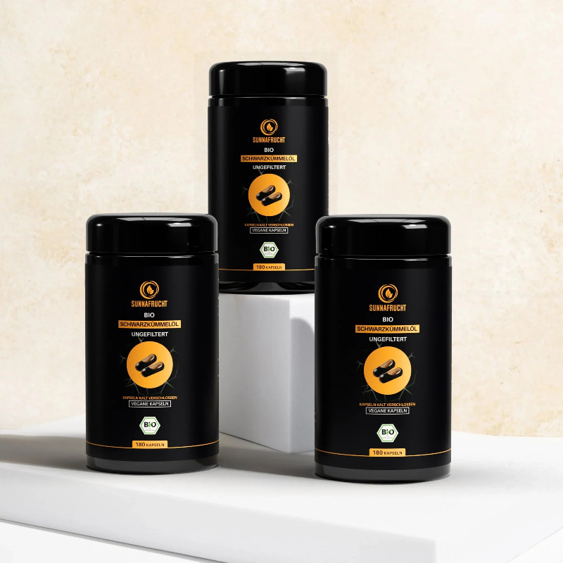 3x Bio Schwarzkümmelöl Kapseln ungefiltert, 540 Kapseln in drei Ultraviolettgläsern von Sunnafrucht