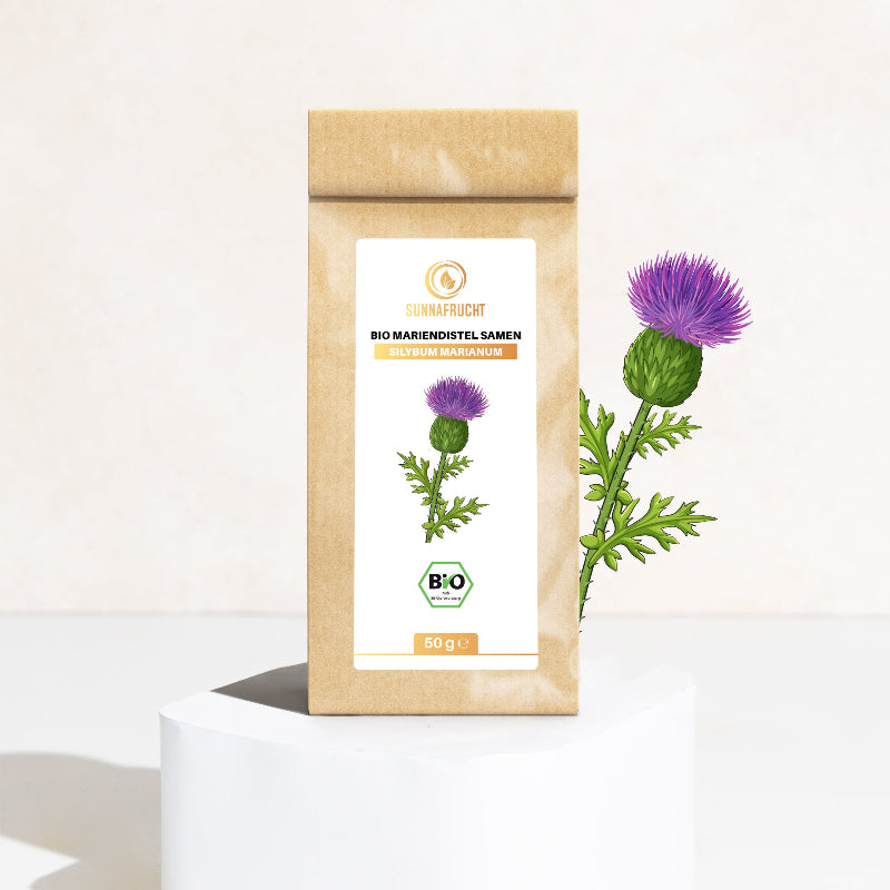 Bio Mariendistel Samen 50 g Papierbeutel auf weißem Podest mit blühender Mariendistel und Bio-Siegel