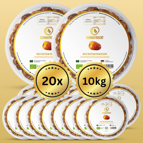 20x Bio Rutab Sukkari Datteln von Sunnafrucht® | 20x500g = 10kg | Premium Qualität | Extra Frisch & Saftig | Angebaut in Al Qassim, Saudi-Arabien | Perfekt für Snacks & Desserts | Super Fresh