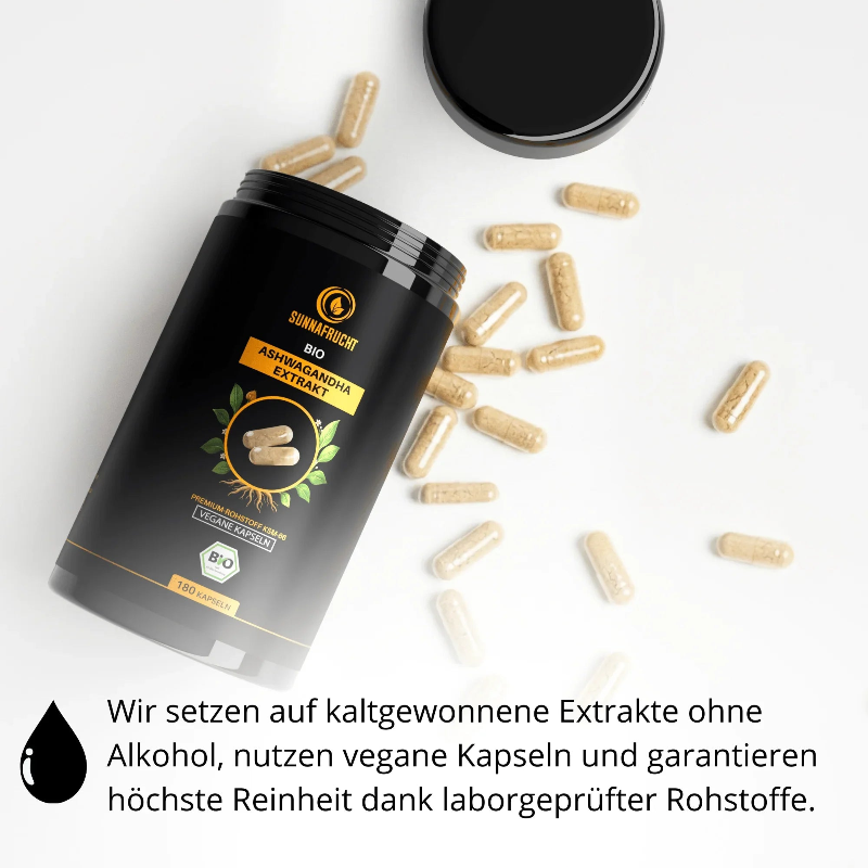 Bio Ashwagandha Kapseln: kaltgewonnener Extrakt ohne Alkohol in veganen Kapseln, geöffnete Dose mit Kapseln