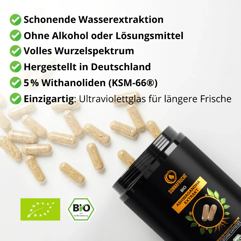Vorteile Bio Ashwagandha Kapseln: schonende Wasserextraktion, ohne Alkohol, 5 % Withanolide KSM-66, Violettglas