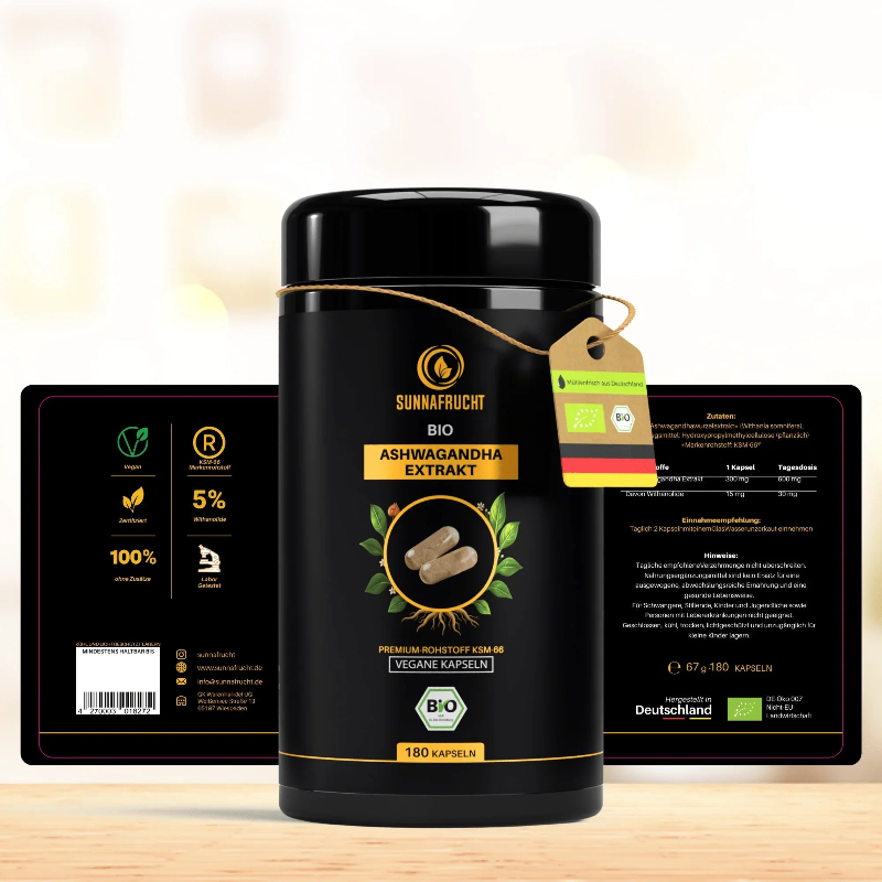Etikett Bio Ashwagandha Kapseln: Dose mit Vorder- und Rückseite, Zutaten, Dosierung und Bio-Siegel