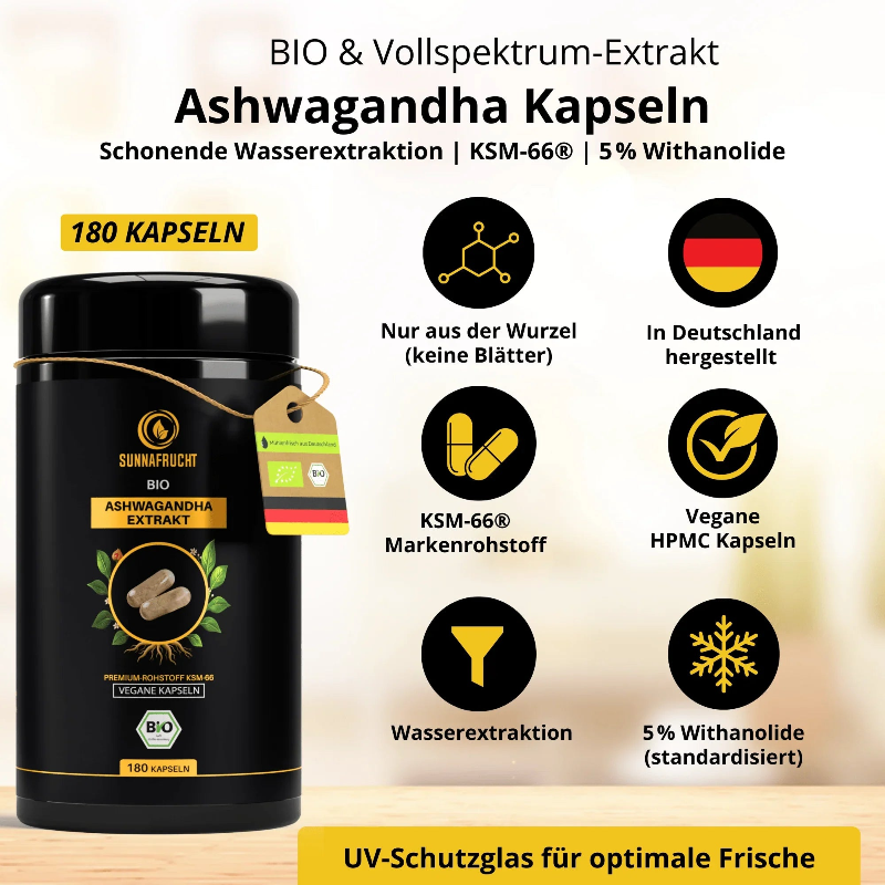 Bio Ashwagandha Kapseln 180 Stück: KSM-66 Markenrohstoff nur aus der Wurzel, vegane HPMC-Kapseln, UV-Schutzglas