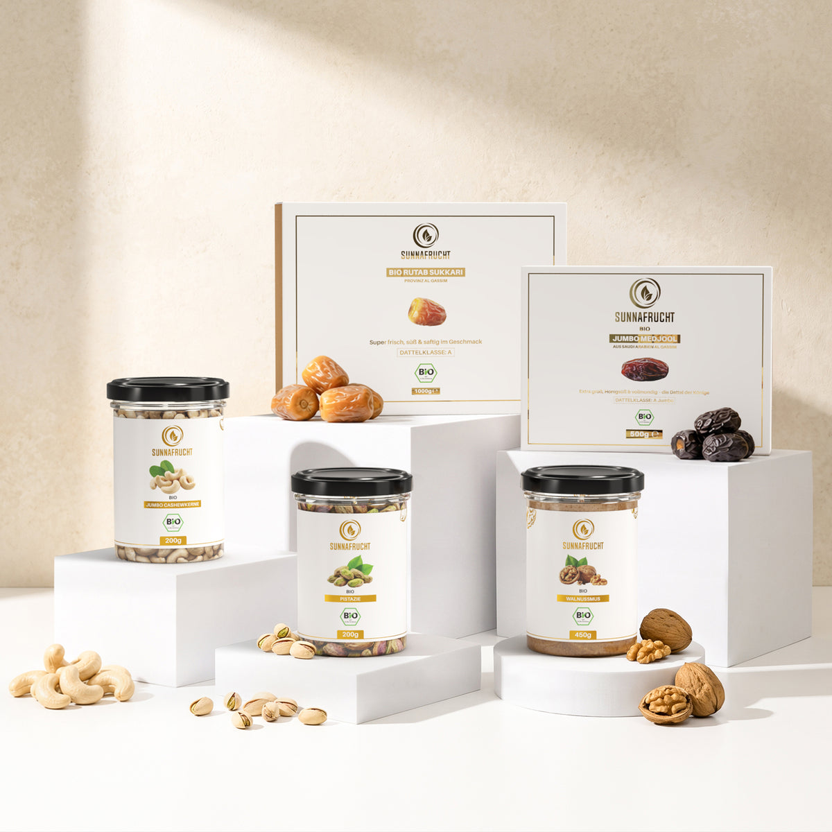Bio Datteln & Nüsse Set mit Sukkari- und Medjool-Box, Cashewkernen, Pistazienkernen und Walnussmus