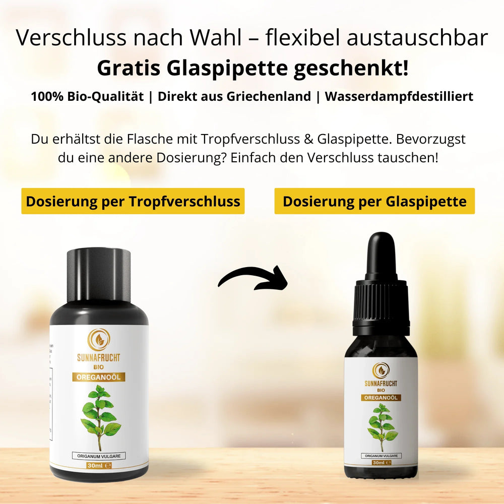 Bio Oreganoöl 30ml Flasche mit Tropfverschluss und Glaspipette, Produktabbildung auf hellem Hintergrund
