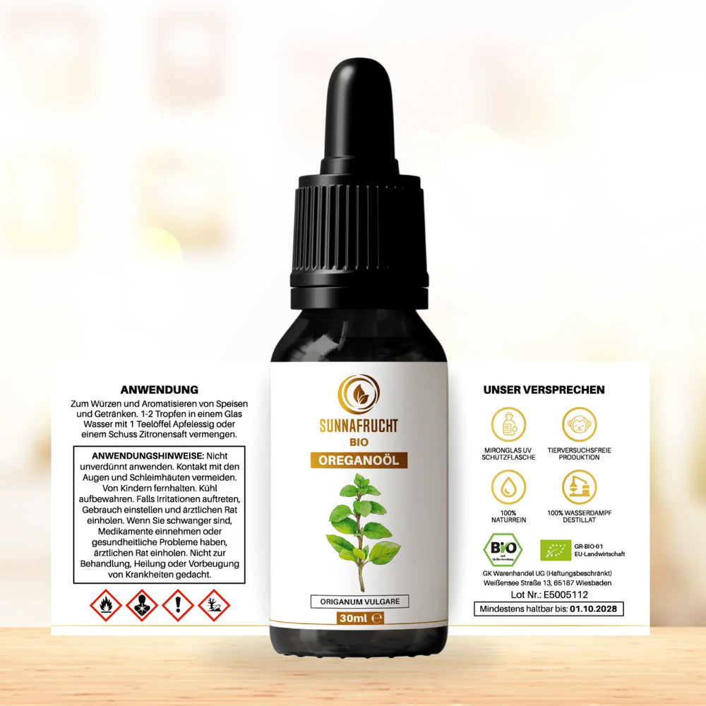 30ml Flasche Bio Oreganoöl mit Pipette, Kräuterillustration und Anwendungshinweisen
