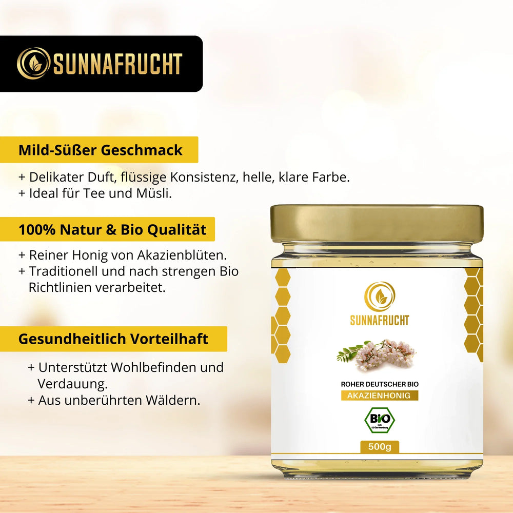 Glas mit 500g rohem deutschen Bio Akazienhonig, goldener Deckel, hell, klare Farbe