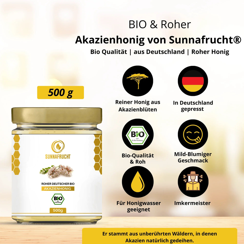 Glas Bio Akazienhonig 500g, roh, naturbelassen, aus Deutschland, Akazienblütenhonig.