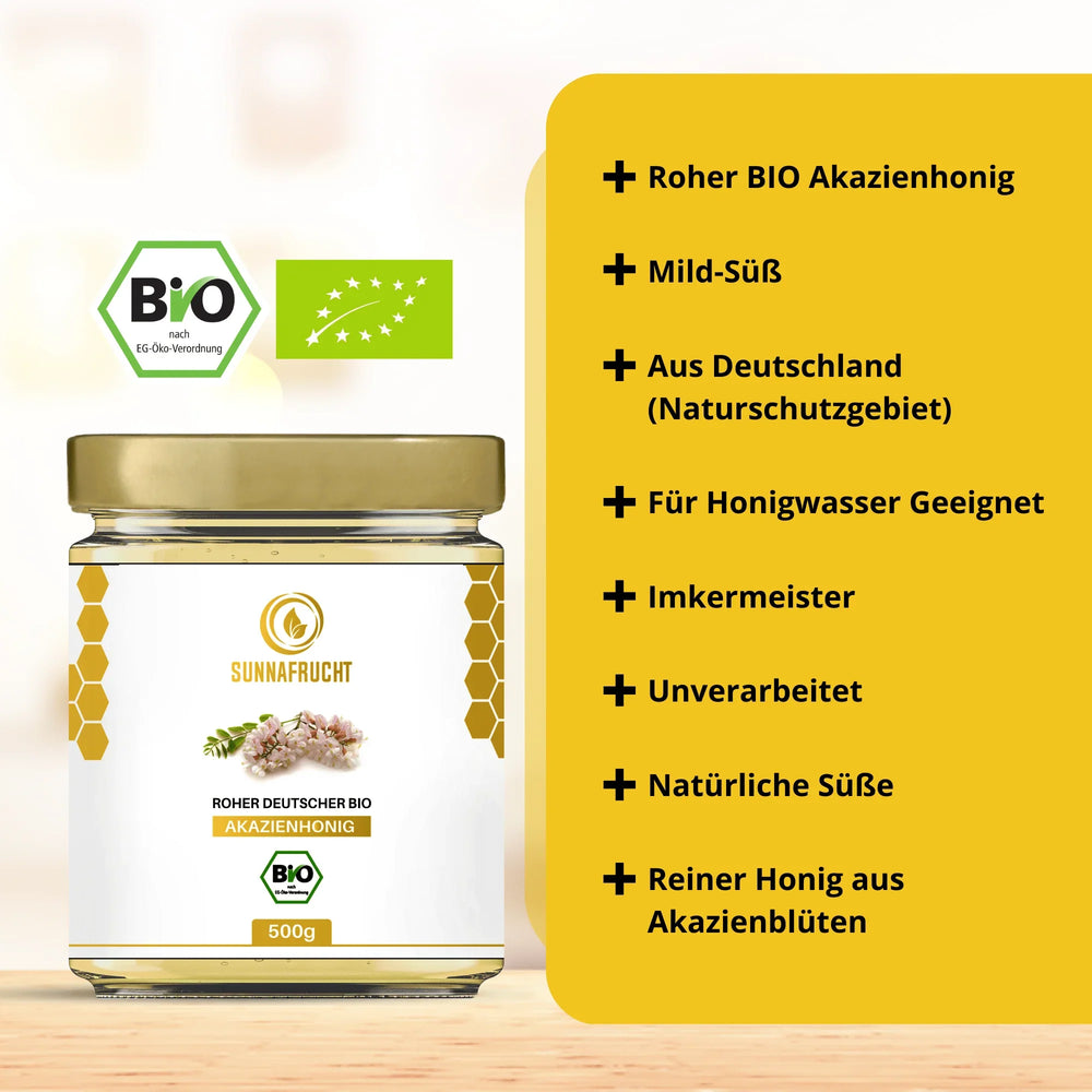 Glas roher Bio Akazienhonig 500g mit goldfarbenem Deckel, Bio-Siegel und Akazienblüten.