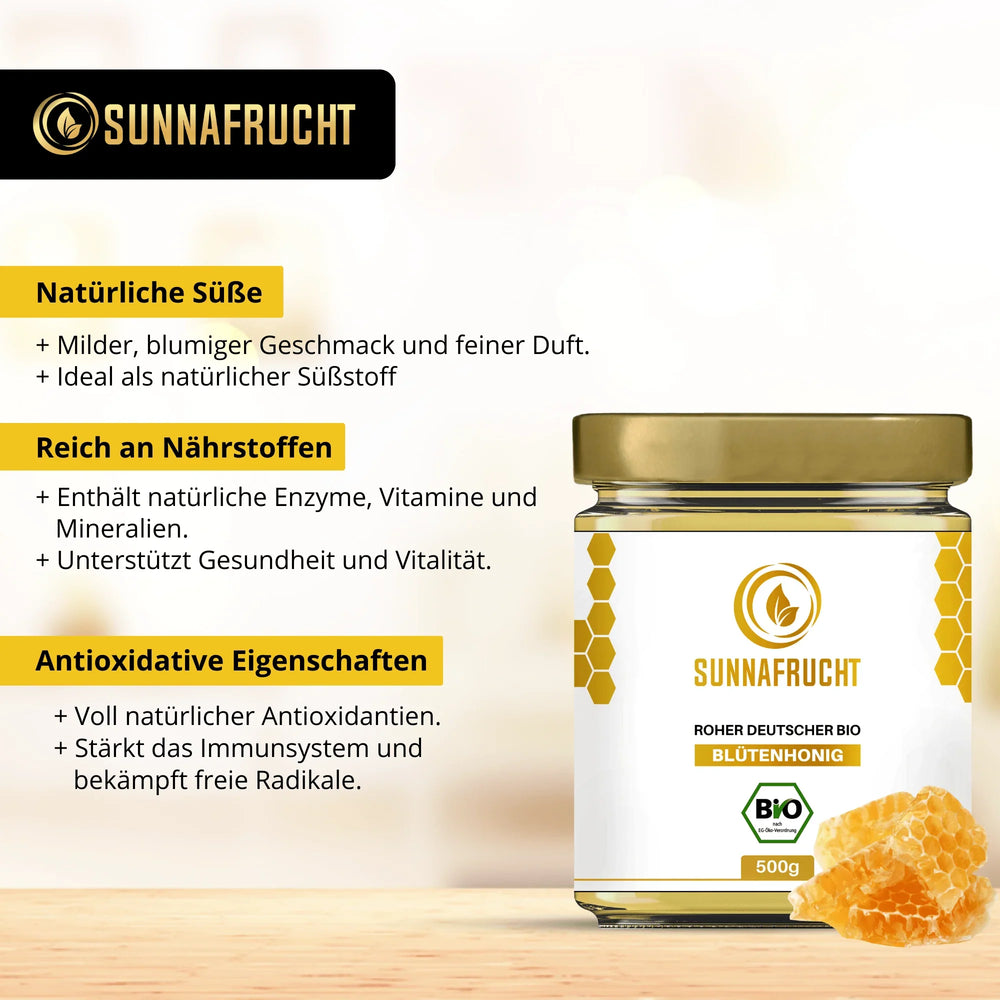Glas Bio Blütenhonig mit goldfarbenem Deckel, Honigwabe, Produktvorteile und Bio-Siegel