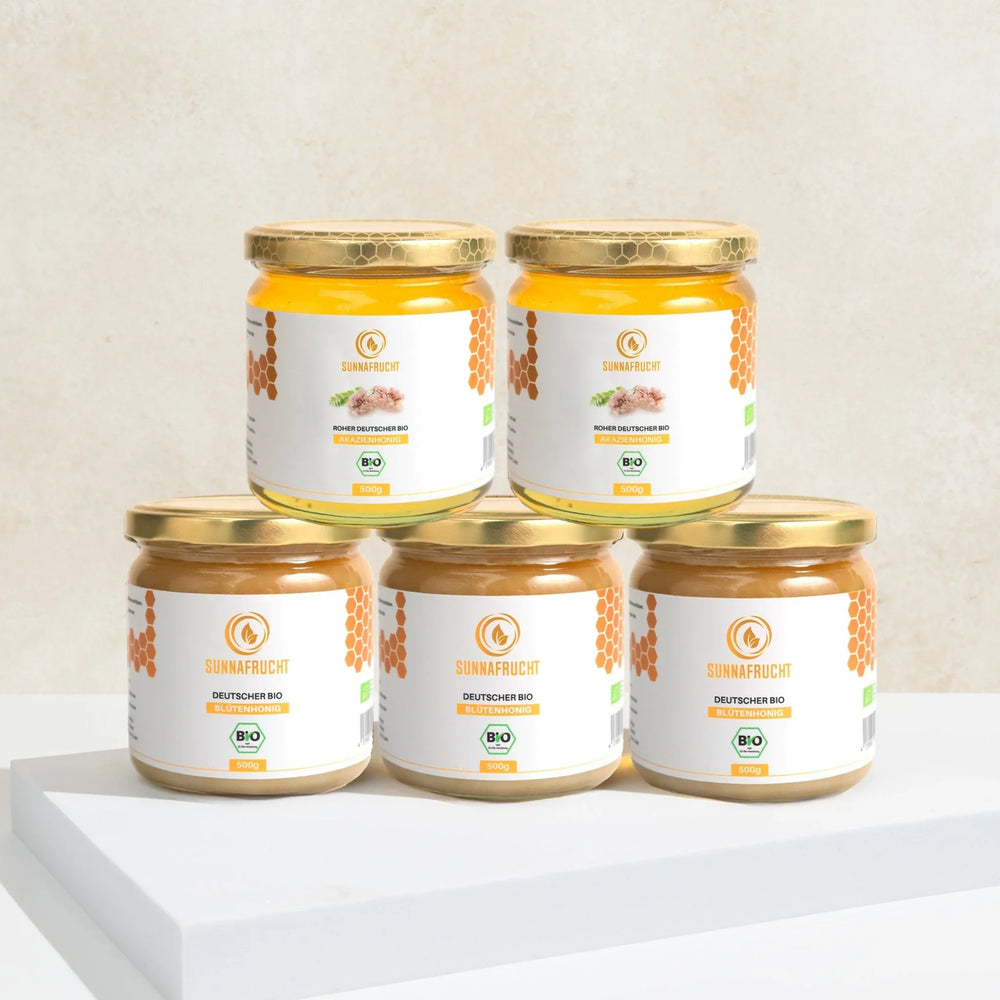 Fünf Gläser Bio Honig im Bundle, naturbelassener deutscher Blüten- und Akazienhonig