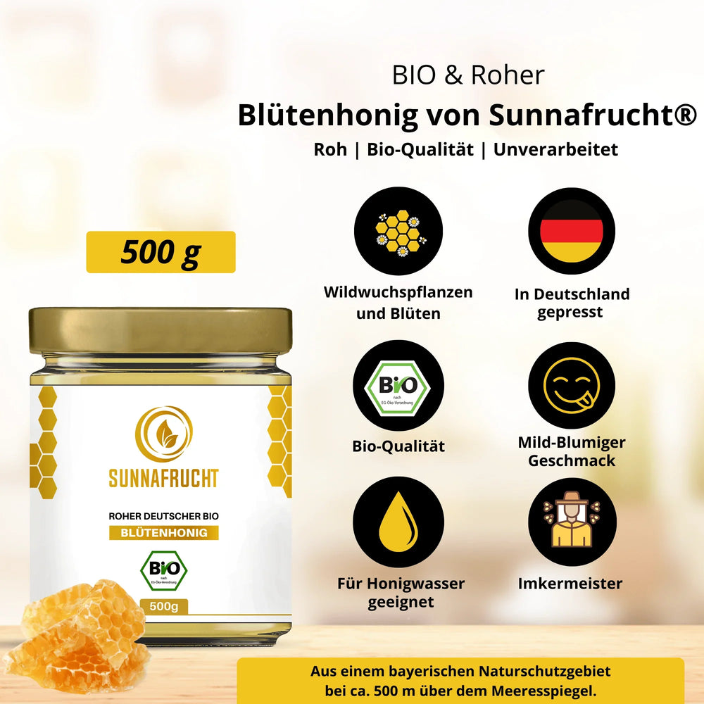 500g Glas Bio Blütenhonig, roh und unbehandelt, mit goldgelbem Honigstück, Bio-Qualität