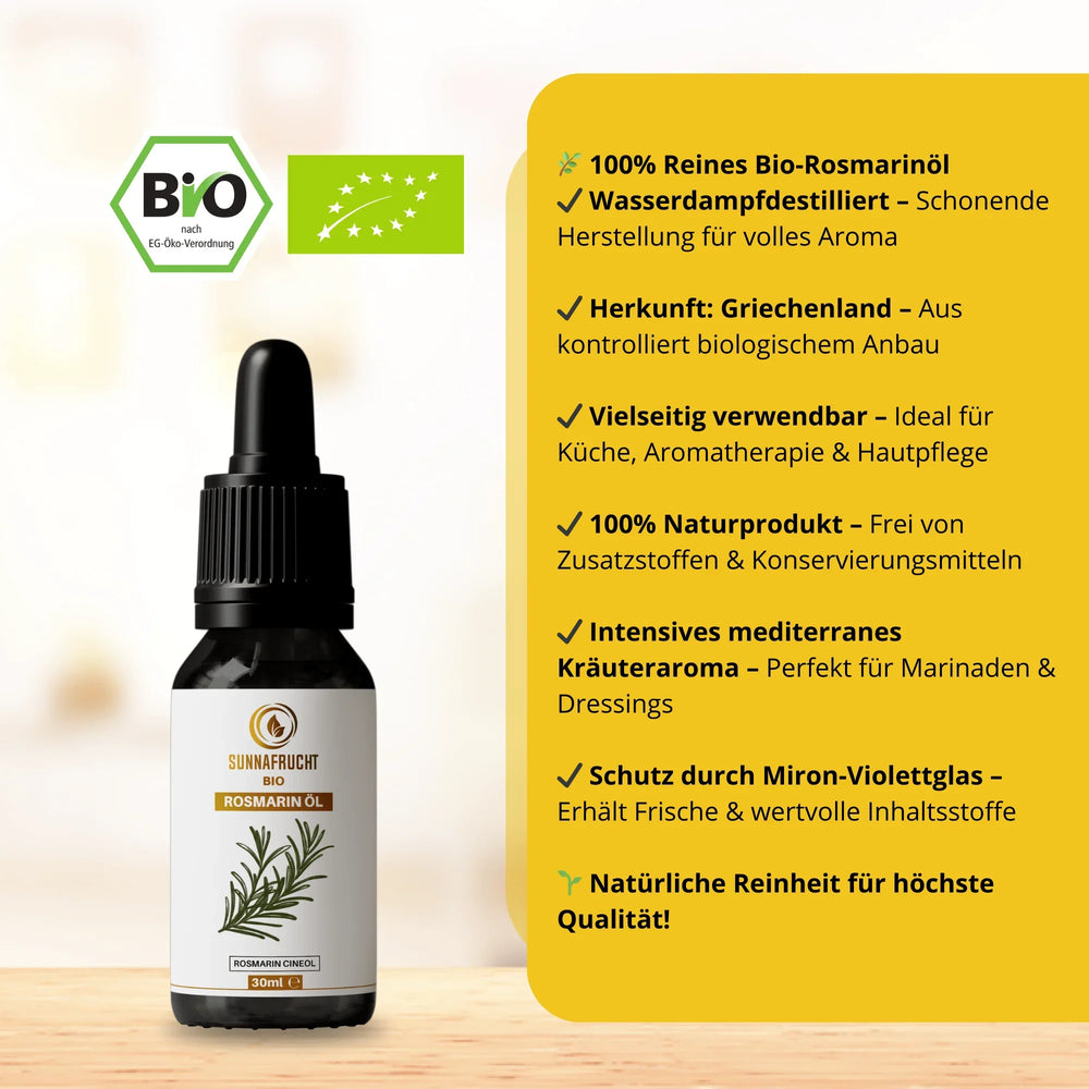 Bio Rosmarinöl 30ml Flasche mit Pipette, Bio-Siegel, Beschreibung der Vorteile auf gelbem Hintergrund