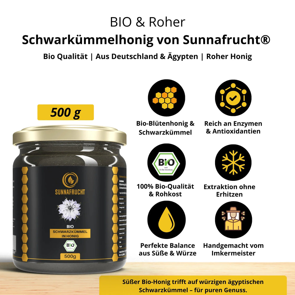 Bio Schwarzkümmel in Blütenonig | 500g - Sunnafrucht® - Bio Schwarzkümmel in Honig