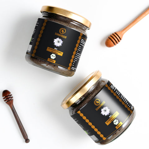 Bio Schwarzkümmel in Blütenonig | 500g - Sunnafrucht® - Bio Schwarzkümmel in Honig