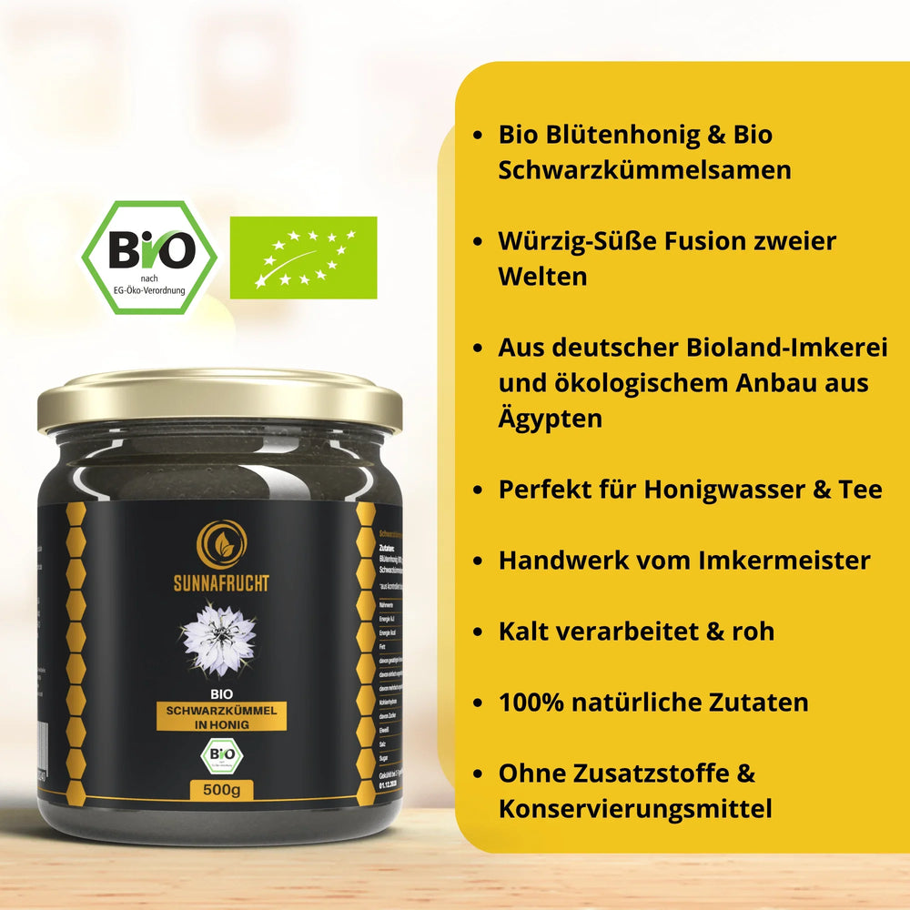 Bio Schwarzkümmel in Blütenonig | 500g - Sunnafrucht® - Bio Schwarzkümmel in Honig