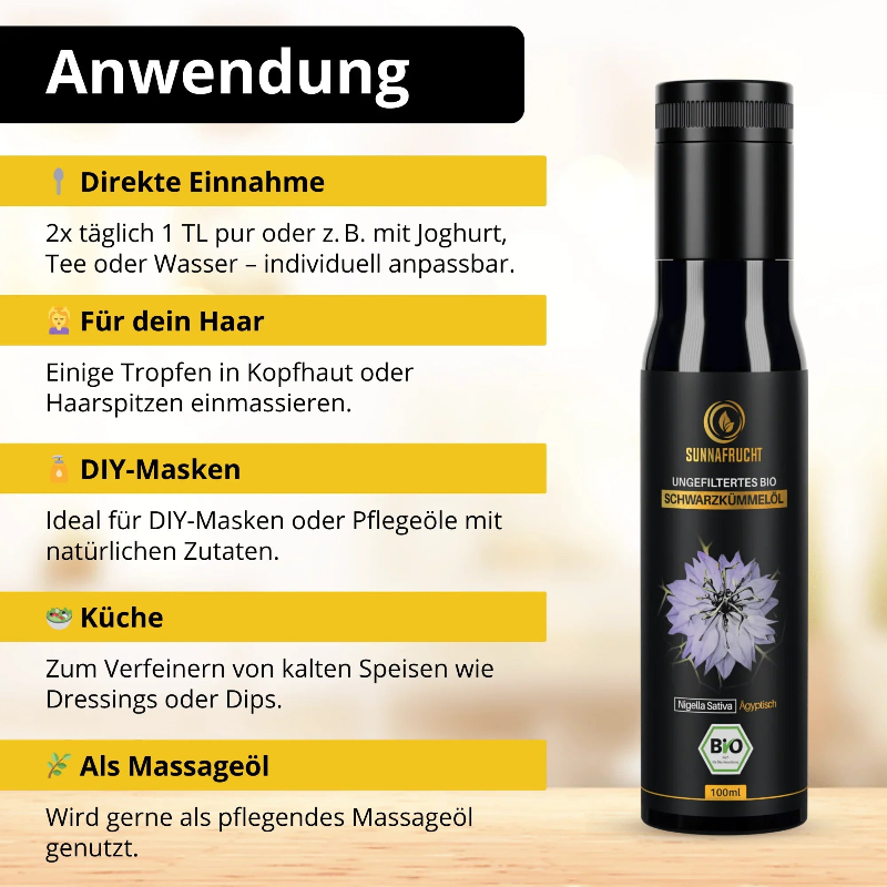 Anwendungsmöglichkeiten Bio Schwarzkümmelöl 100 ml: Einnahme, Haarpflege, DIY-Masken, kalte Küche, Massageöl