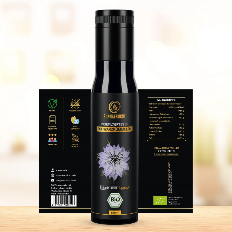 Etikett Bio Schwarzkümmelöl 100 ml: Flasche mit Vorder- und Rückseite, Nährwertinfo und Bio-Siegel