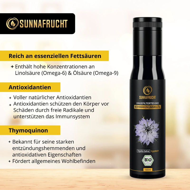 Bio Schwarzkümmelöl 100 ml: reich an Linol- und Ölsäure, Antioxidantien und Thymochinon