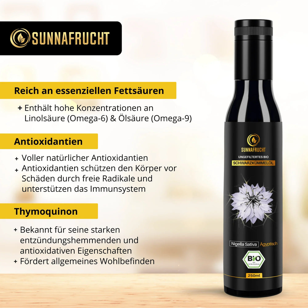 Flasche Bio Schwarzkümmelöl 250ml, unfiltriert, mit Produktvorteilen und Bio-Siegel