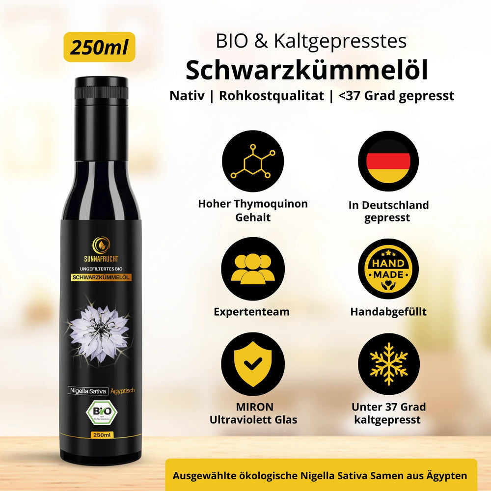 250ml Bio Schwarzkümmelöl kaltgepresst, in dunkler Glasflasche, roh, vegan, Nigella Sativa