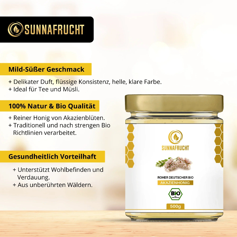 Glas Bio Akazienhonig, Honigglas mit goldfarbenem Deckel und Akazienblüten auf dem Etikett