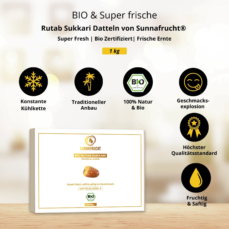 Bio Rutab Sukkari Datteln 1kg, frische Premium Datteln, naturbelassen, zertifiziert, Packung