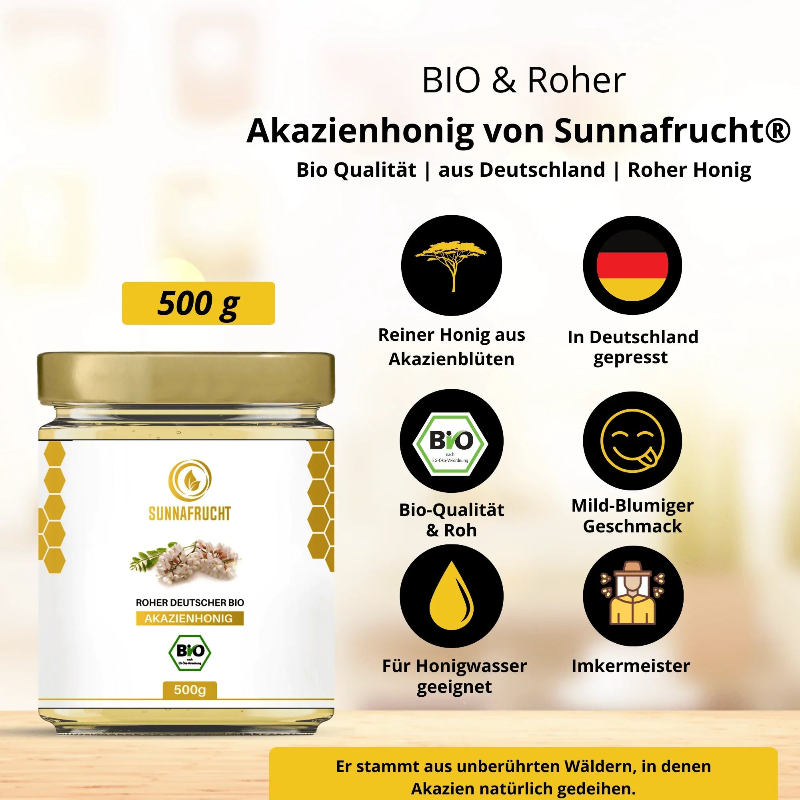 Glas Bio Akazienhonig, 500g, mit goldfarbenem Deckel, Etikett und Qualitätssiegel, Eigenschaften erklärt.