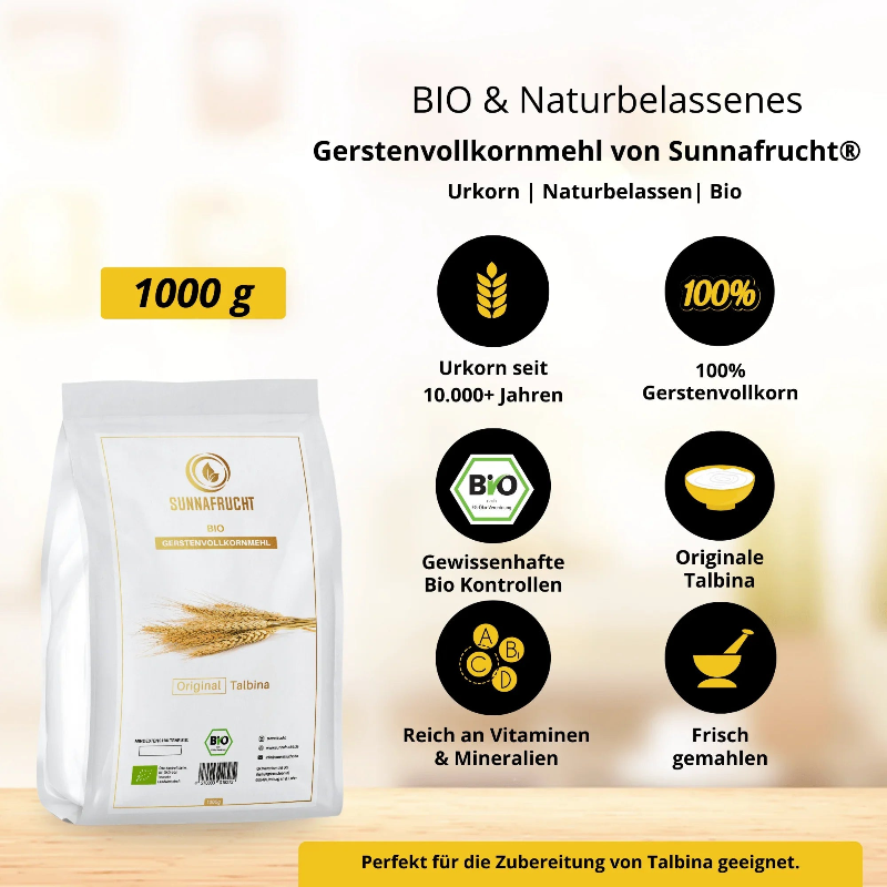 Bio Gerstenvollkornmehl 1000g, naturbelassen, Talbina Set, reich an Vitaminen und Mineralien